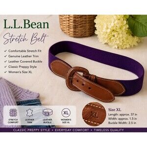L.L. Bean Comfort Waist Stretch Belt Purple W/Brown Leather Buckle M998 XL Chic